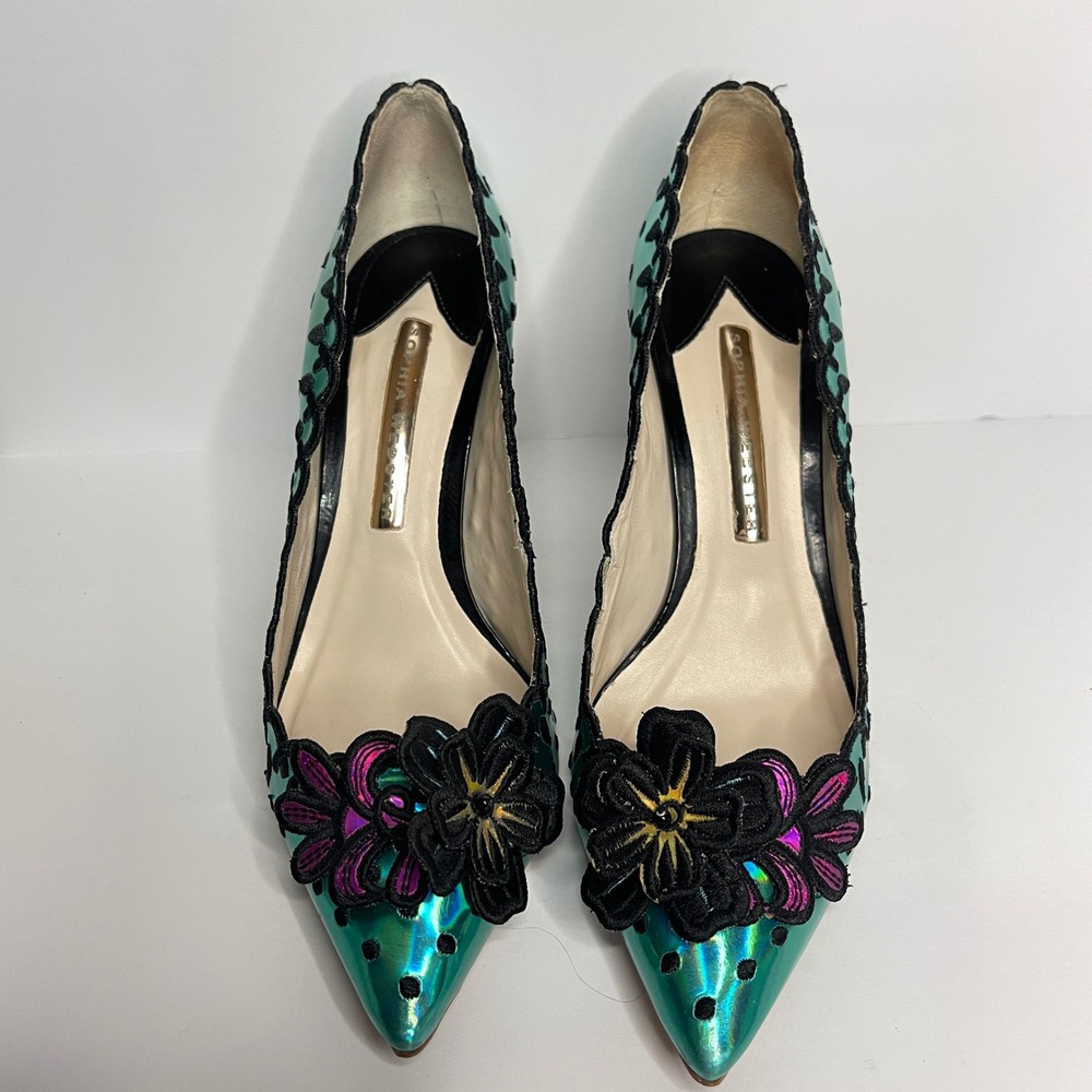 Sophia Webster Lilico Iridescent Teal Green Floral Pumps 36.5 Scalloped Stiletto - Picture 3 of 9